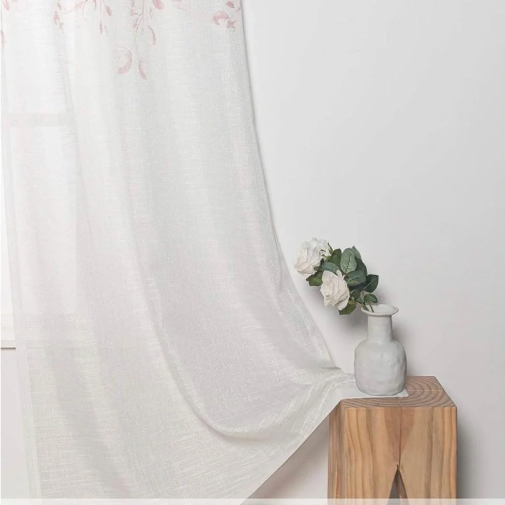 Central Park Leaf Floral Print Metallic Sheer Linen Curtain Panel 40